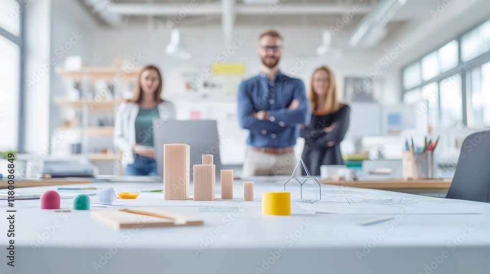Poster team of designers collaborating in a modern office space with creative models on table, conceptualiz