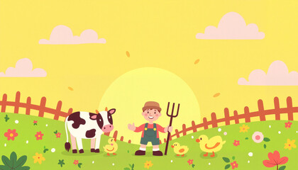 Joyful farmer feeding cow and ducks in colorful meadow at sunset, happy harmony