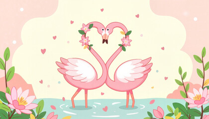 Flamingos expressing love in tranquil lake surrounded by flowers, romance