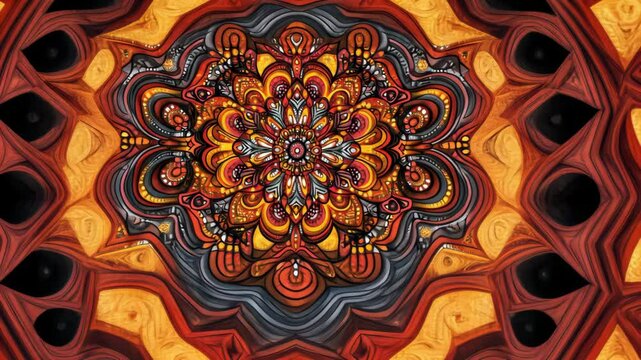 Intricate mandala design adorned with vibrant colors and patterns set against a warm backdrop