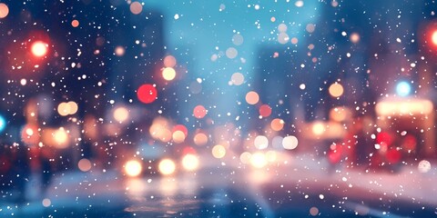 Fototapeta premium Soft blurred warm lights scattered across snowy streets in a cozy winter cityscape, evoking tranquil and festive vibes, style book illustration