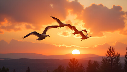Fototapeta premium Geese flying in a V formation, graceful and united, at sunset background, copy space