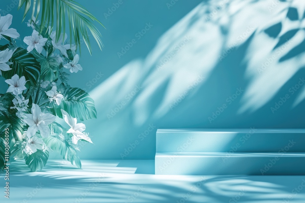 Poster blue gradient studio background with window shadows and foliage.