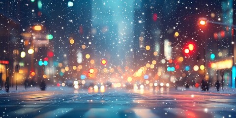 Obraz premium Soft blurred warm lights scattered across snowy streets in a cozy winter cityscape, evoking tranquil and festive vibes, style book illustration