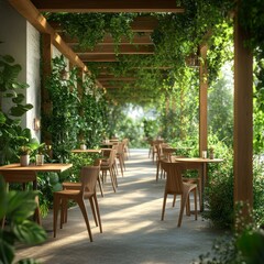 Fototapeta premium Scenic Outdoor Dining Area Surrounded by Greenery and Natural Light, Featuring Wooden Tables and Chairs in a Serene Atmosphere Ideal for Relaxation and Enjoyment