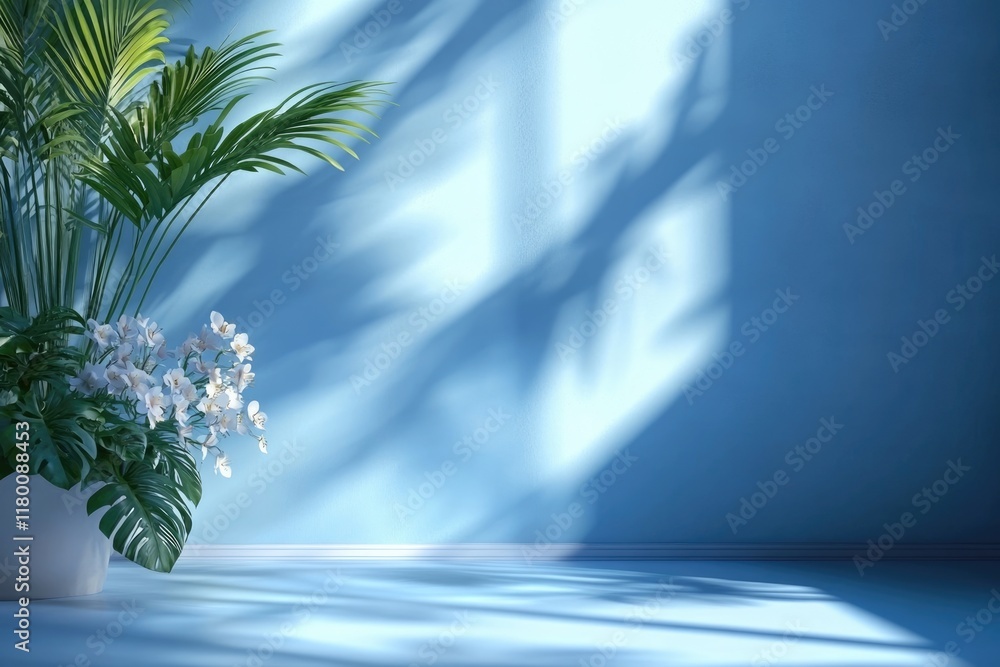 Poster blue gradient studio background with window shadows and foliage.