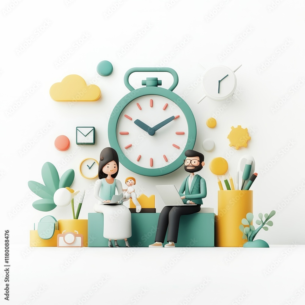 Poster modern family working together at home with clock and creative elements in stylish 3d illustration r