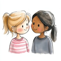 Illustration of two young girls smiling at each other. The drawing captures innocence and friendship with soft colors and gentle lines.