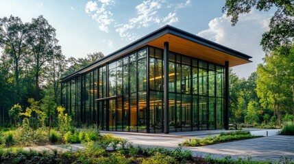 Fototapeta premium A sustainable glass office building surrounded by lush green trees, showcasing eco-friendly design and modern architecture for corporate spaces.