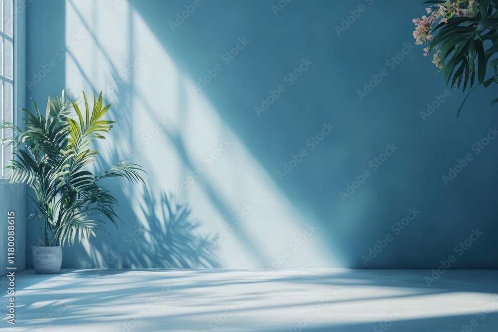 Poster blue gradient studio background with window shadows and foliage.