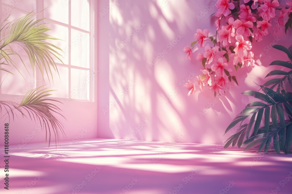 Poster pink gradient studio background with window shadows and foliage.