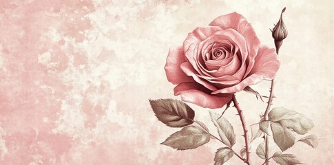 A Single Pink Rose with Bud and Leaves on a Textured Background