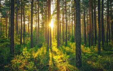 A dense pine forest with tall trees and dappled sunlight filtering through the canopy