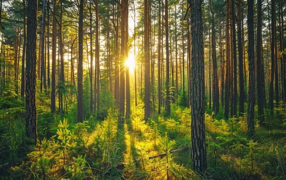 A dense pine forest with tall trees and dappled sunlight filtering through the canopy
