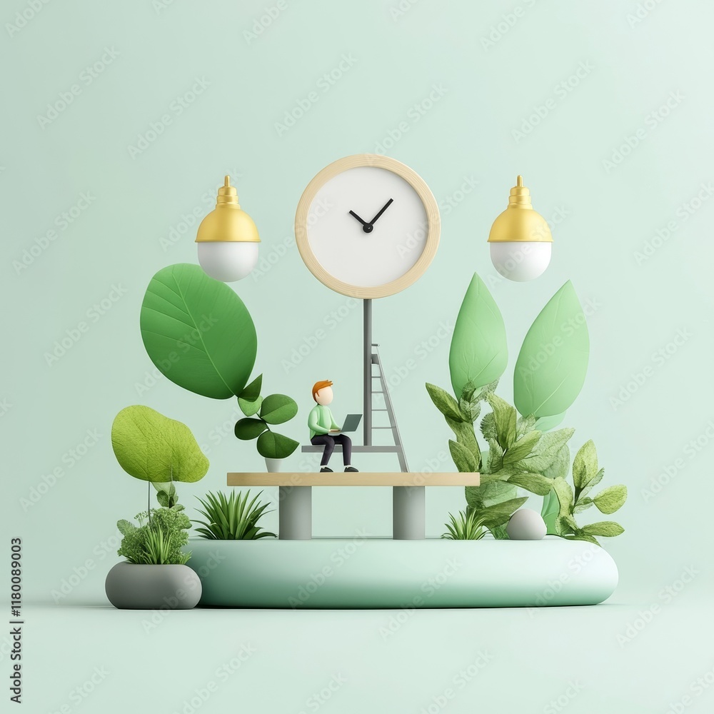 Poster creative concept of time management with a minimalist design featuring a clock, leaves, and a charac