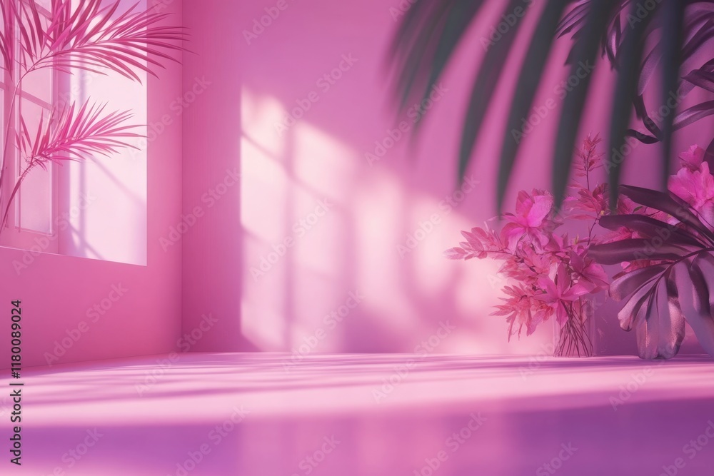 Poster pink gradient studio background with window shadows and palm leaves.