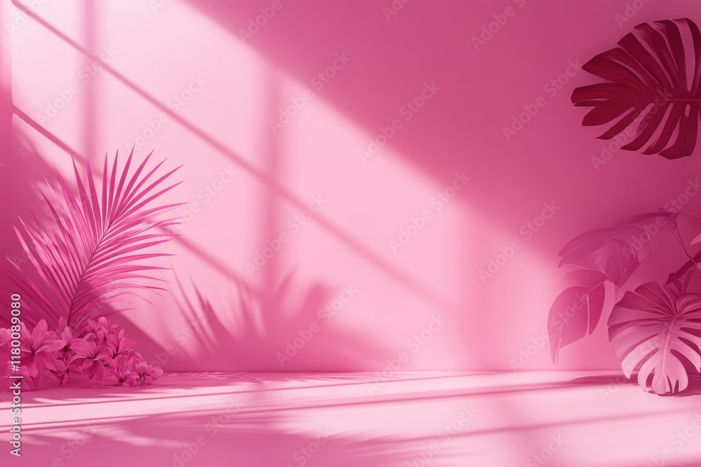 Poster pink gradient studio background with window shadows and palm leaves.