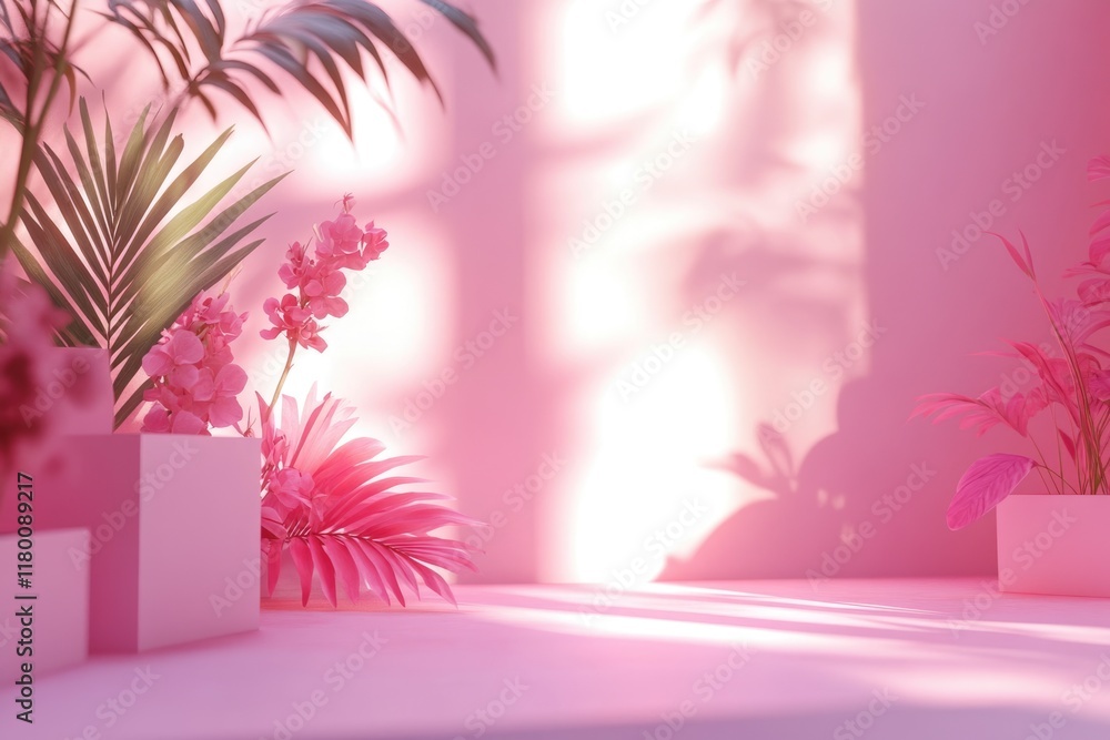 Poster pink gradient studio background with window shadows and palm leaves.