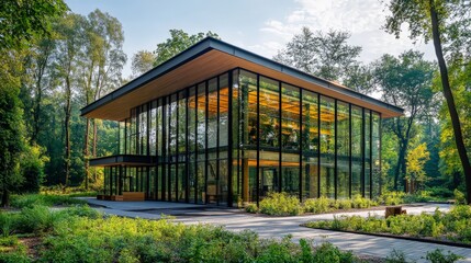 Fototapeta premium A sustainable glass office building surrounded by lush green trees, showcasing eco-friendly design and modern architecture for corporate spaces.