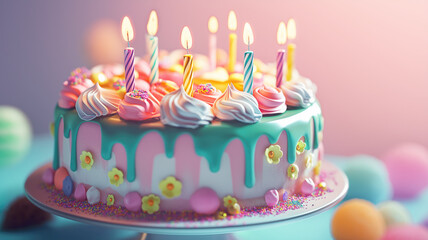 celebration birthday cake with lots of icing and decorations. generative ai