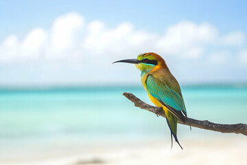 Obraz premium Vibrant tropical bird perched on a branch near the beach