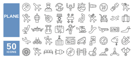 Set of 50 line icons related to plane, transport, airport, airplane, aircraft, parts, shipment, journey, takeoff, landing, flight, Editable stroke. Vector illustration