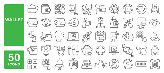 Set of 50 line icons related to wallet, payment, funds, deposit, secure, revenue, exchange, transfer, withdraw, billfold, Editable stroke. Vector illustration