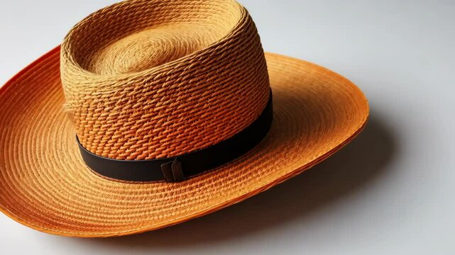 Stylish straw hat placed on a flat surface with a clean design and natural texture during bright daylight