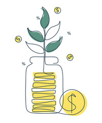 Stack coins jar in single continuous line. Savings and investments. Profit growth drawing with one line. Saving and family budget concept. Money plant. Fund, bank financial deposit. Color illustration