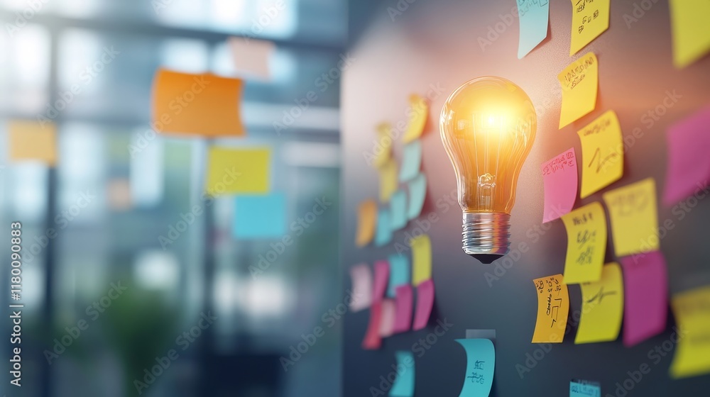 Poster illuminated light bulb surrounded by colorful sticky notes in a creative office space for idea gener