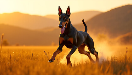 Doberman running energetically, playful and confident, in a golden sunset field, copy space