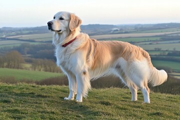 A golden retriever dog with a white coat stands on the grassy hills of an English countryside, overlooking rolling green fields under a clear blue sky at sunset Generative AI