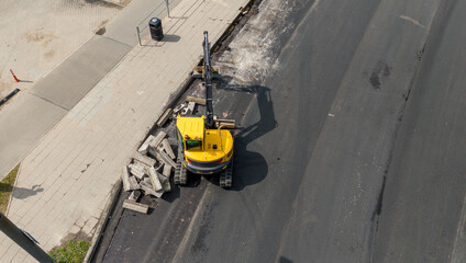 Aerial View of Excavator at Road Construction Site