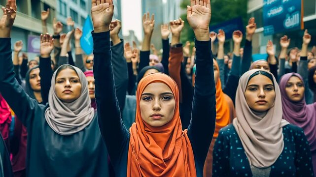 Young Muslim women, dressed modestly in hijabs, raise their arms in solidarity at a city protest. The mood is one of strength and determination, conveying themes of empowerment and community.