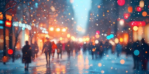 Blurred glowing bokeh lights shimmering faintly in a snowy urban background, evoking tranquil and magical winter vibes, style book illustration