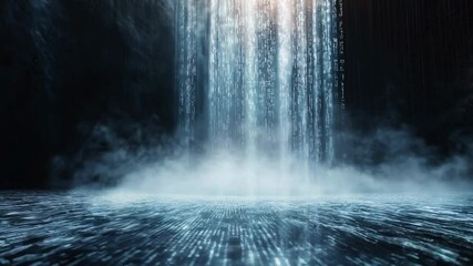 Futuristic digital data stream waterfall in misty virtual landscape - Powered by Adobe