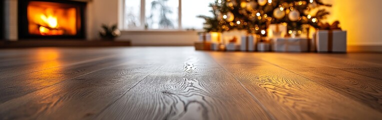A blurred Christmas interior with festive decor and warm lighting, perfect for holiday banners or backgrounds.