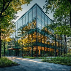 Obraz premium A sustainable glass office building surrounded by lush green trees, showcasing eco-friendly design and modern architecture for corporate spaces.