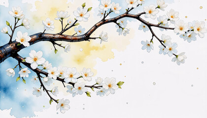 Fototapeta premium White cherry blossoms on a branch with watercolor background 
