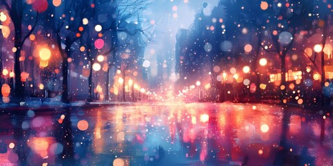 Blurred glowing bokeh lights shimmering faintly in a snowy urban background, evoking tranquil and magical winter vibes, style book illustration