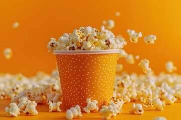 Popcorn overflowing from a polka dot bucket with some pieces popping up from the bottom against a vibrant orange background