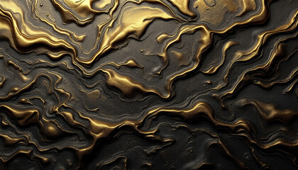 Abstract metallic black and gold wavy textured background with molten liquid patterns