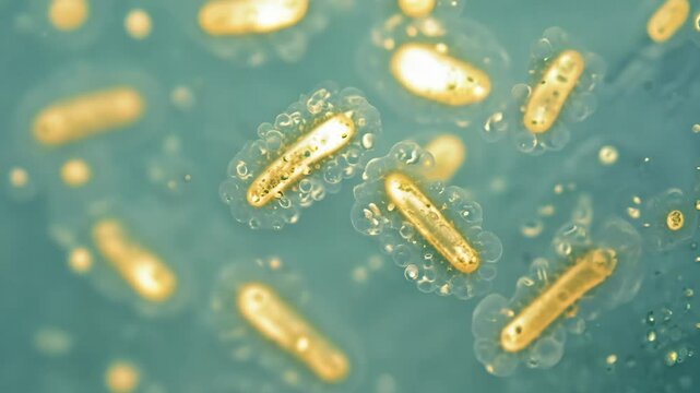 Microscopic golden algae cells floating in aqua liquid environment