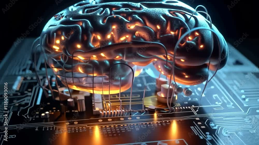 Poster human brain merged with electronic circuits, human-machine interfaces