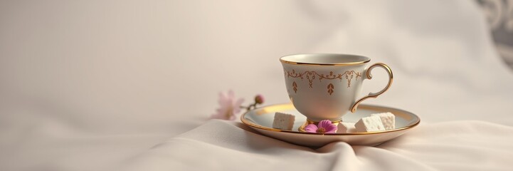 Fototapeta premium Elegant porcelain tea cup with intricate design conveying a serene mood, accompanied by sugar cubes and delicate flowers on a soft fabric background