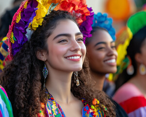 Fototapeta premium Friends celebrating diversity with vibrant costumes at a cultural festival during a sunny day in a lively community park