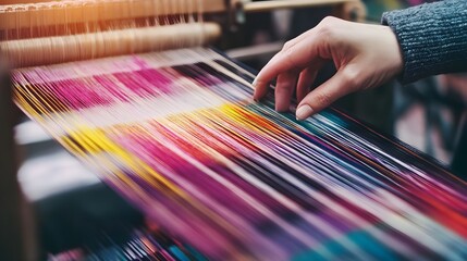 A photo of a close-up of hands weaving colorful textiles on a traditional loom