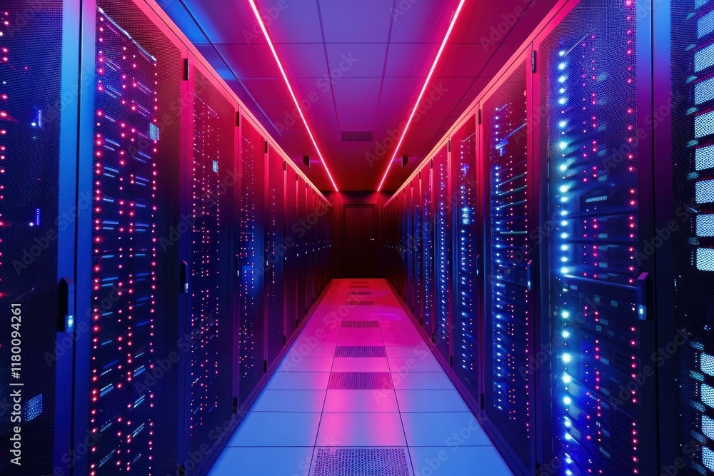 Poster server room with rows of supercomputers is illuminated by neon lights, creating a futuristic atmosph