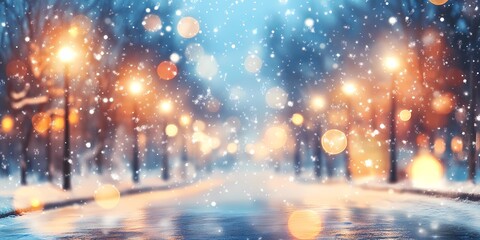 Naklejka premium Blurred glowing city lights creating a serene snowy winter urban backdrop, evoking cozy seasonal charm, style book illustration