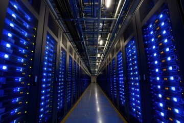 Servers glowing with blue light are standing in a data center